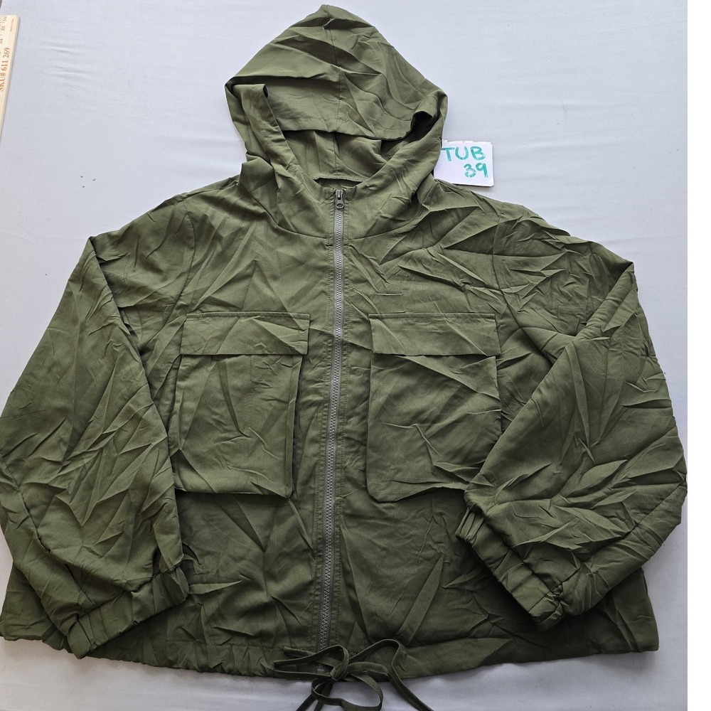 Shein Curve Womens 3XL Olive Green Hooded Utility Jacket Full Zip Drawstring Hem